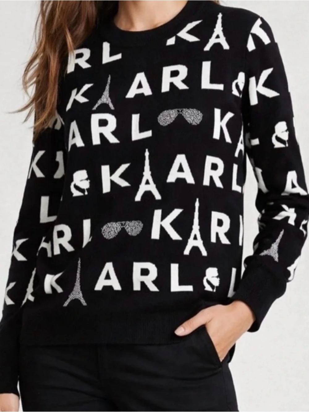 Karl Lagerfeld Black Crewneck Sweater with White Logo Motif